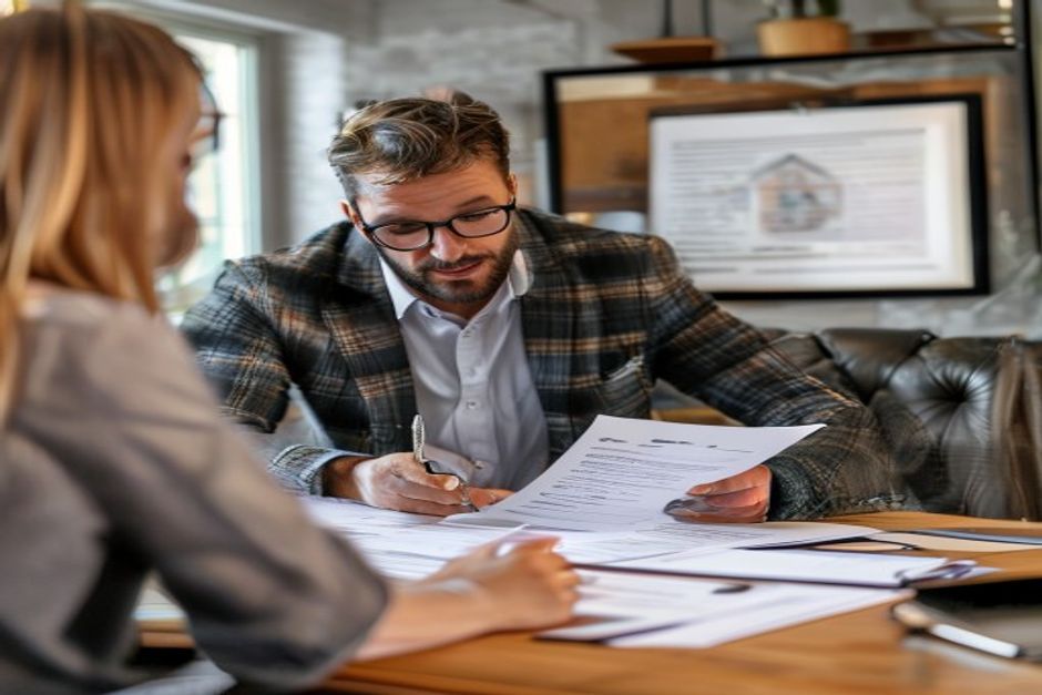 Agente inmobiliario mostrando el certificado energético a un comprador en Madrid