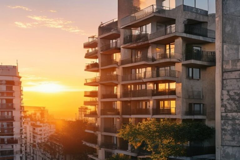 Etiqueta de eficiencia energética en edificios de Madrid al atardecer